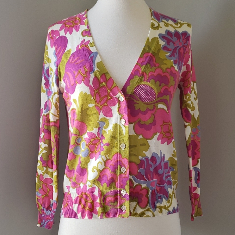 J. Crew Pink, Olive & White Floral V-Neck Cardigan